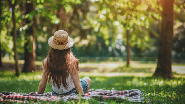 A girl with long flowing hair, wearing a hat, relaxes on a picnic blanket in a lush green park. School's out, and she's enjoying her summer break.