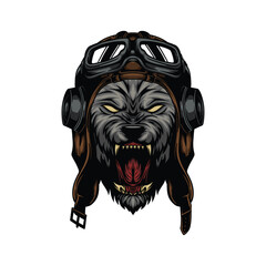 An Angry Dire Wolf Rider with vintage Pilot Helmet and Goggles