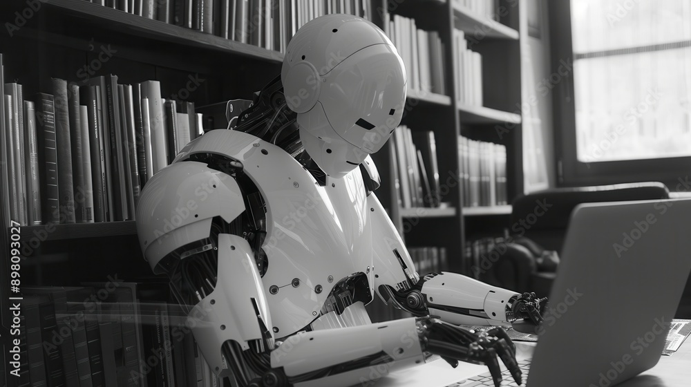 Poster a humanoid robot, an accomplished writer, sits at a laptop in a library, surrounded by bookshelves. 