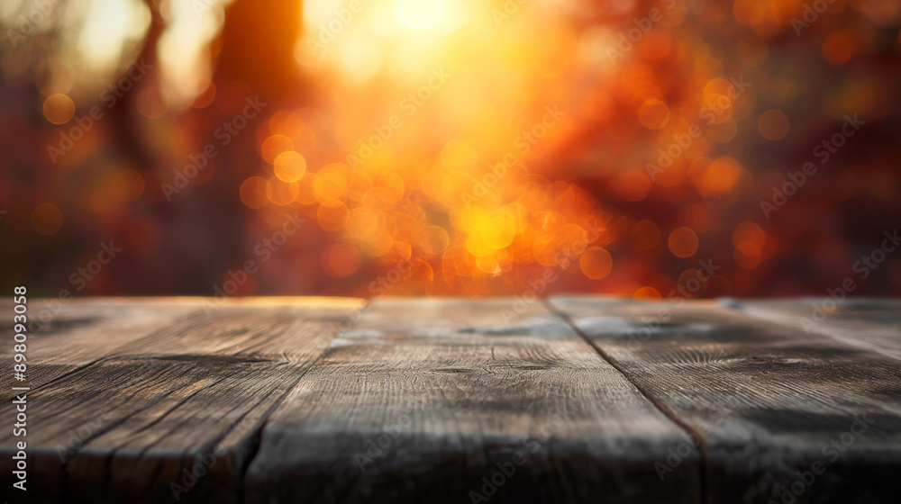 Poster Autumn wooden table with blurred yellow and orange trees nature background with empty copy space and place for product placement and advertisement. Wooden table background. Table blurred