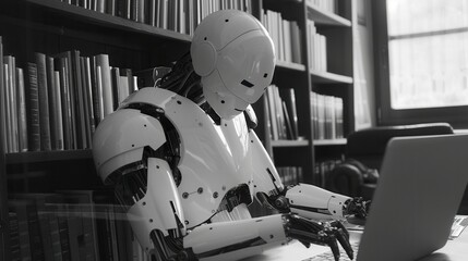 A humanoid robot, an accomplished writer, sits at a laptop in a library, surrounded by bookshelves. Generative AI