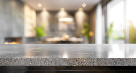 Empty marble countertop with blurred cozy home background, empty copy space and product placement for advertisement and backgrounds