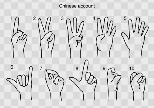 Chinese finger counting. A Chinese man shows numbers on his fingers from 1 to 10. A set of hands with Chinese number symbols. Flat vector line illustration eps10 without background