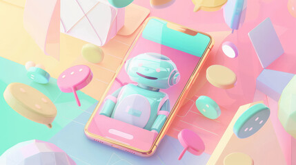 Colorful Robot on Smartphone Screen in Vibrant Pastel Background
