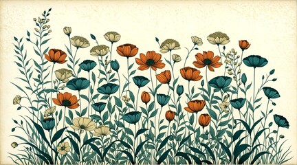Illustration of a pattern featuring stylized flowers with minimalist, clean lines. Aquatint Print Style. Background. 4