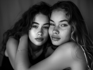 Fototapeta premium Two young women sharing a warm embrace, captured in a professional fashion portrait. Both are smiling, showcasing their confidence and friendly bond.