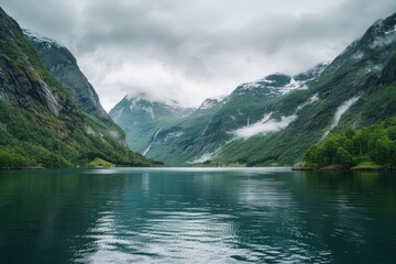 Fototapeta premium Panoramic view of a mountainous region with a serene lake at its base, likely in the Scandinavian region due to similarities in vegetation and mountain range.
