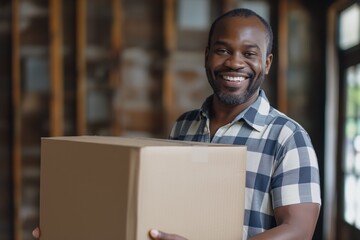 A man is holding a cardboard box and smiling. He is wearing a plaid shirt. Scene is happy and positive
