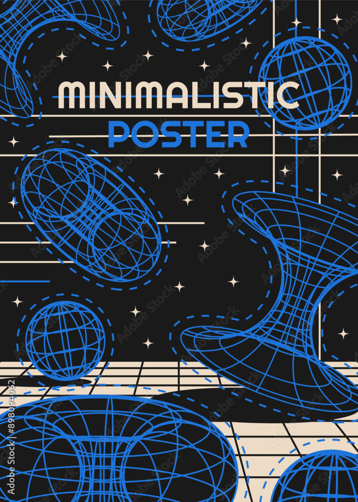 Poster poster with 3d wireframe models in y2k style. retro-futuristic aesthetics. vector template for banne