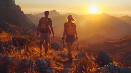 Adventurous Hikers Enjoying a Scenic Mountain Sunrise with Backpacks and Trekking Poles