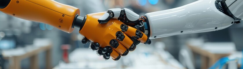 Fototapeta premium Close-up of Two Robotic Hands Shaking in a Modern Industrial Setting, Symbolizing Collaboration and Future Technology