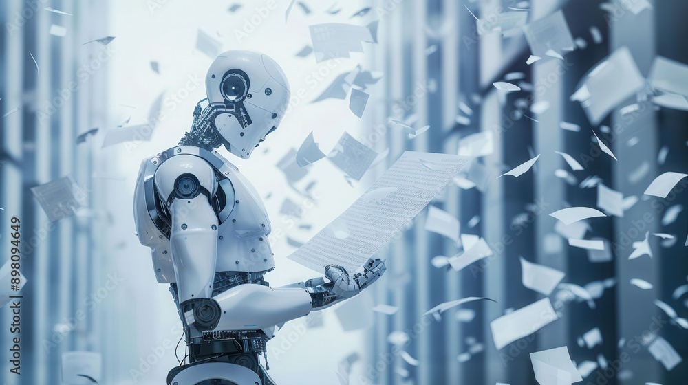 Poster a humanoid robot stands in a room, surrounded by fluttering papers as it reads a manuscript, possibl