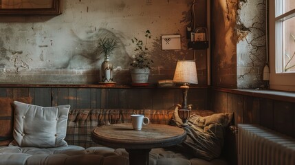 cozy corner in an urban coffee shop arranged as a remote working spot, with a small round table and a vintage lamp