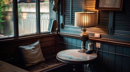 cozy corner in an urban coffee shop arranged as a remote working spot, with a small round table and a vintage lamp
