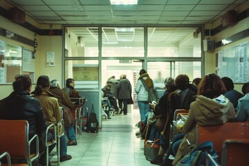 A crowded hospital waiting room with people in need of medical attention, contrasted with a private clinic with immediate service