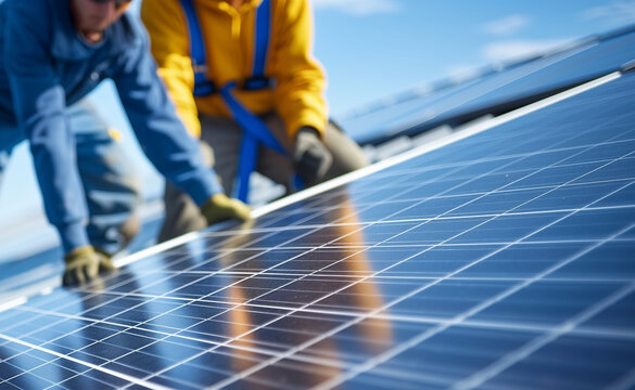 A solar panels installation with workers installing a panel