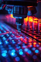 Close-Up of High-Tech CNC Machine in Action with Vibrant Blue and Red Lighting in a Modern Manufacturing Facility
