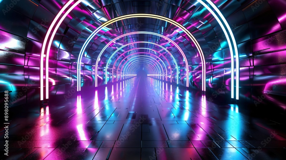 Poster futuristic tunnel with vibrant neon lights creating a dynamic visual effect. perfect for themes of t