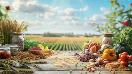 Assorted grains and vegetables on a wooden table with a blurred farm field background. Still life photography. Harvest and agriculture concept for design and print.