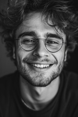 Obraz premium Candid portrait of a bearded young man wearing glasses, smiling and looking directly into the camera.