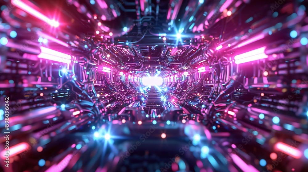 Poster a vibrant abstract scene featuring flowing lights and digital elements, creating a futuristic atmosp