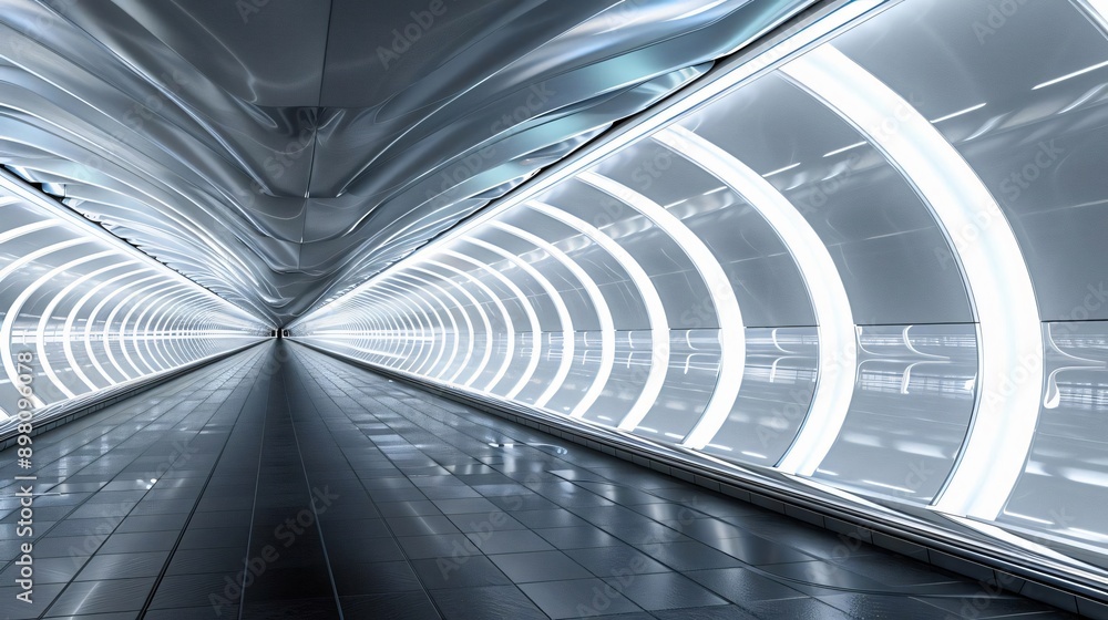 Poster futuristic tunnel with glowing lights and smooth lines, creating a mesmerizing pathway into the unkn