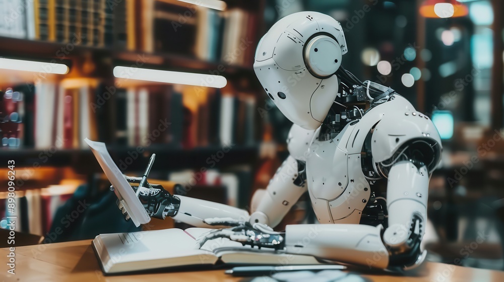 Poster an artificial intelligence robot sits at a table in a library, writing in a notebook. generative ai
