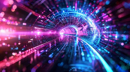Vibrant digital tunnel with swirling neon colors, creating an immersive experience of light and motion.