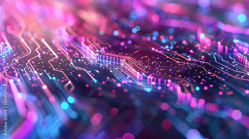 Poster vibrant and dynamic abstract circuit background showcasing colorful lights and intricate patterns, p