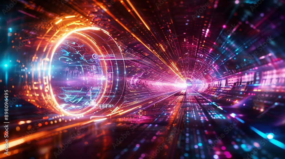 Poster a vibrant abstract digital tunnel with colorful lights and dynamic energy, perfect for futuristic co