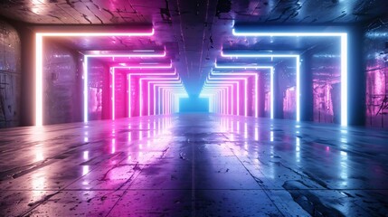 Naklejka premium Futuristic corridor with vibrant neon lights illuminating a sleek reflective surface, creating a captivating atmosphere.