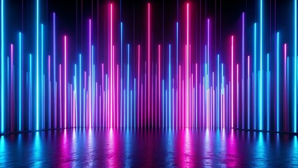 This captivating wallpaper features a mesmerizing display of vertical pink and blue neon lines glowing in a 3D cyberspace, creating a futuristic and dynamic design.