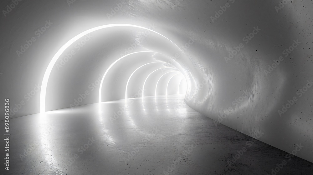 Poster a modern, minimalist tunnel illuminated by glowing light, creating an ethereal atmosphere and reflec