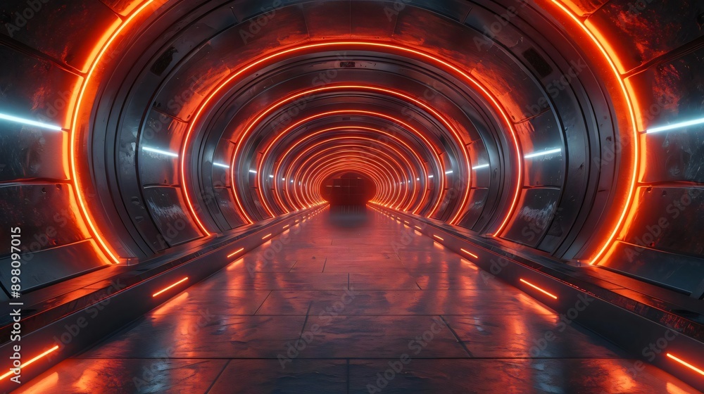 Poster futuristic tunnel with glowing red neon lights creating a vibrant atmosphere, ideal for sci-fi visua