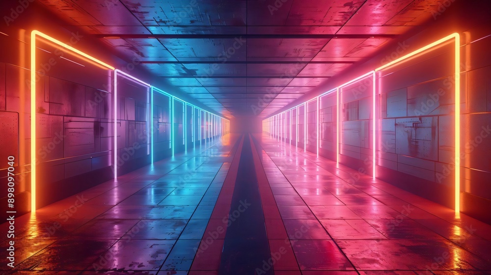 Poster a futuristic corridor illuminated by vibrant neon lights, creating a mesmerizing blend of colors and