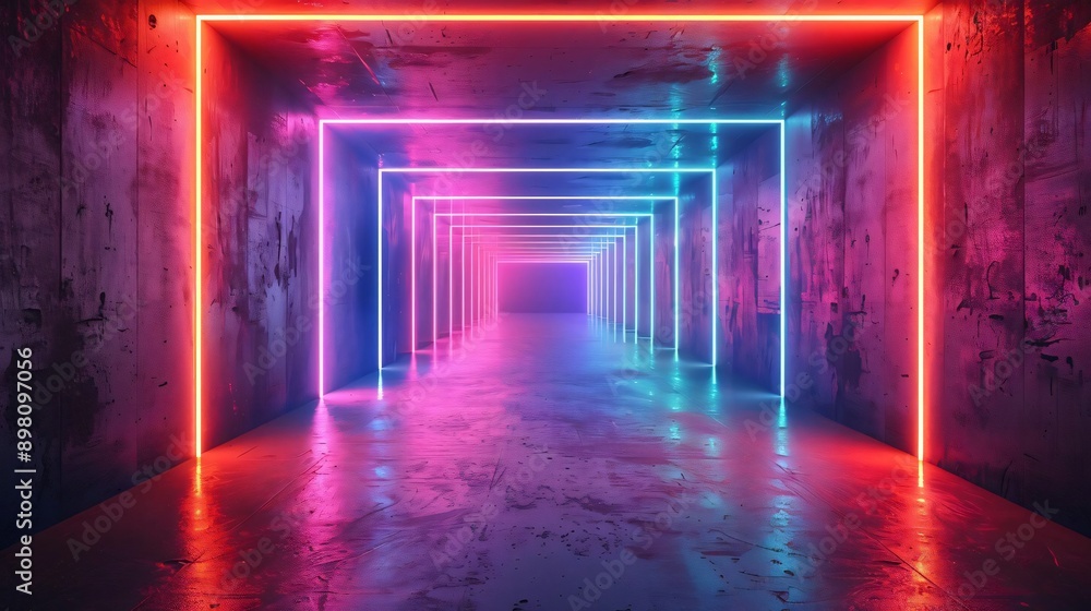 Poster a vivid neon hallway with glowing lights creating a futuristic atmosphere. perfect for tech and digi