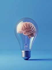 The concept of creativity and ideas being the power behind innovation, with a human brain inside a light bulb on a blue background.