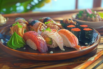 Variety of sushi rolls on wooden table