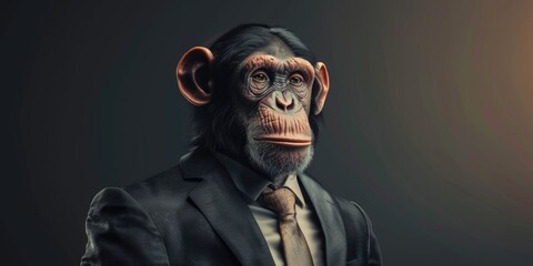 A chimpanzee dressed as a businessman with a tie, standing in an office environment.