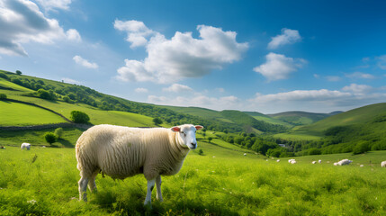 Fototapeta premium Captivating Nature's Bounty: A Ewe Grazing amidst Green Pastures on a Serene Day