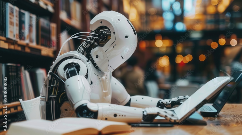 Fototapete a white humanoid robot sits at a desk in a library, using a laptop. there is an open book in front o