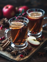 Warm and comforting mulled tea, ready to serve in Christmas-themed mugs. The table is adorned with festive red berries and spices.