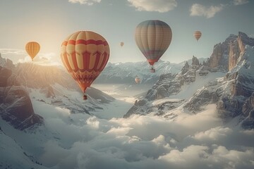 Colorful hot air balloons soar above mountains and meadows during picturesque sunset