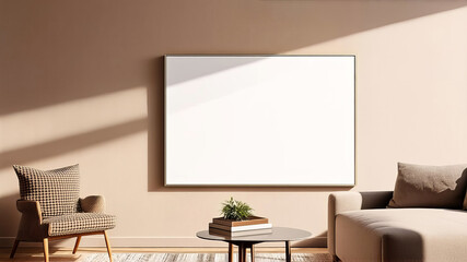Living room mockup with empty space for picture on cream color wall. Sofa and armchair in room. Warm sunny beige color. Minimalistic scandinavian interior design