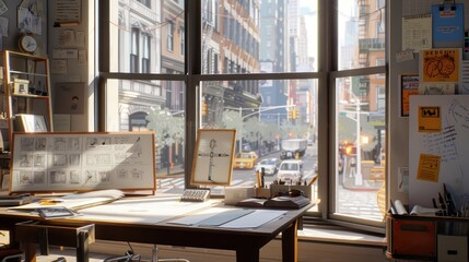 creative workspace with a drafting table, mood boards, and a large, bright window facing a busy street