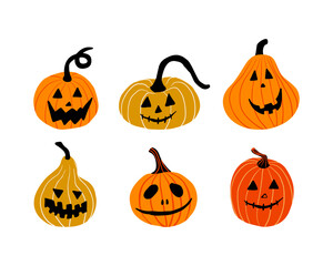 Jack-O-Lantern. Halloween pumpkins with faces vector element set. October holiday symbol. Creepy, smiling, fun carved pumpkin heads.