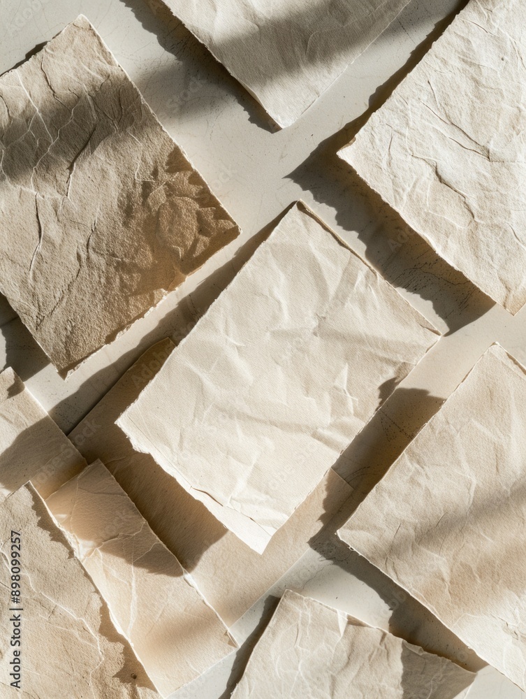 Poster crafted artwork composed of handmade paper sheets, showcasing textured patterns and an eco-friendly 