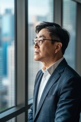 Fototapeta premium Portrait of an Asian CEO looking out of a window, Generative AI