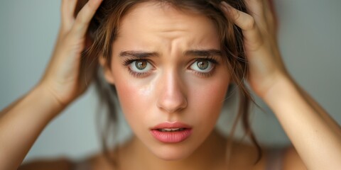 Fototapeta premium A woman with messy hair and a serious expression on her face. She is wearing makeup and has a lot of powder on her face