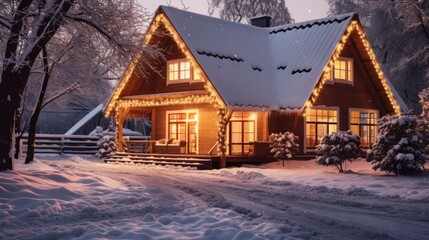 Cozy Winter Cabin with Christmas Lights